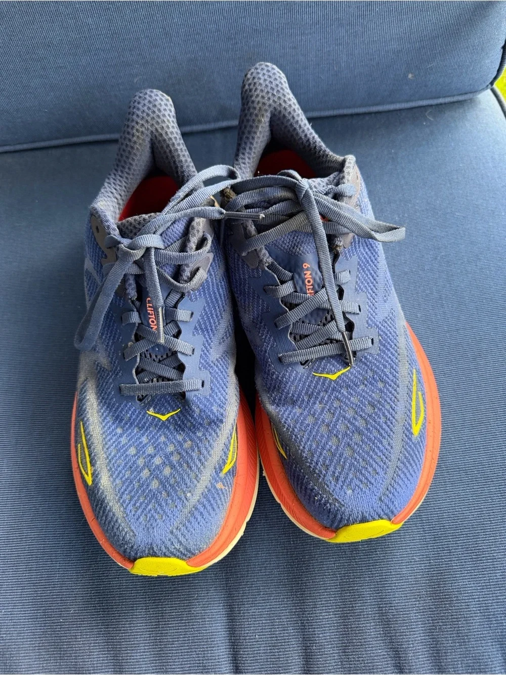 Hoka Women's Blue Running Shoes with Coral and Yellow Accents